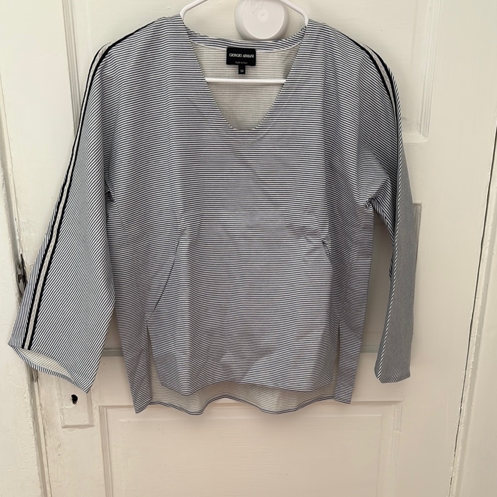 Giorgio Armani Navy and White Striped V-Neck Top